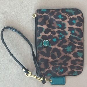 Coach teal, brown and black satin wristlet